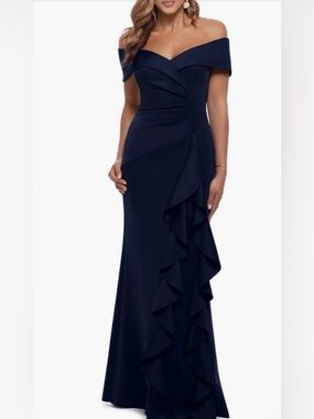 Xscape Off-Shoulder Midnight Blue Ruffle Gown